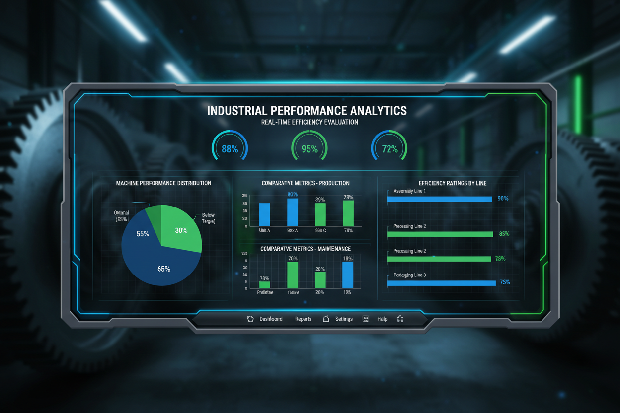 genera un immagine per homepage con graici a torta, grafici a barre verticali ed orizzontali per la valutazione dell'efficienza di macchinari 